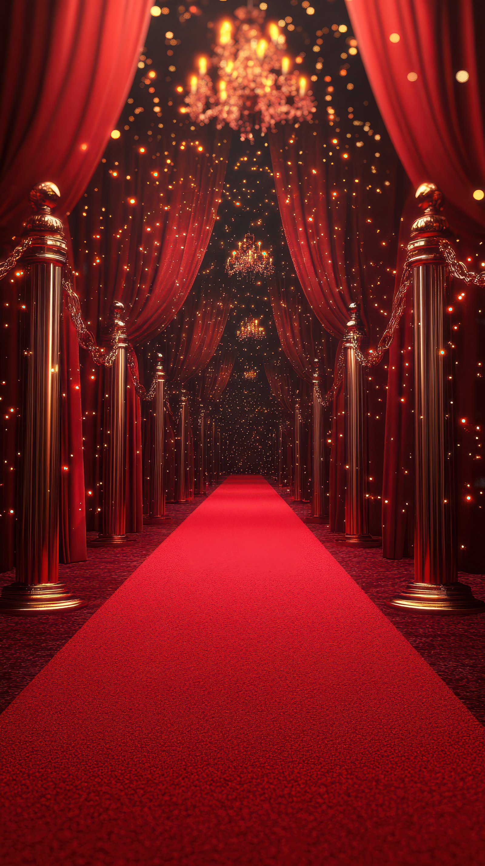 Elegant red carpet pathway with golden curtains and sparkling lights creates a glamorous atmosphere for special events